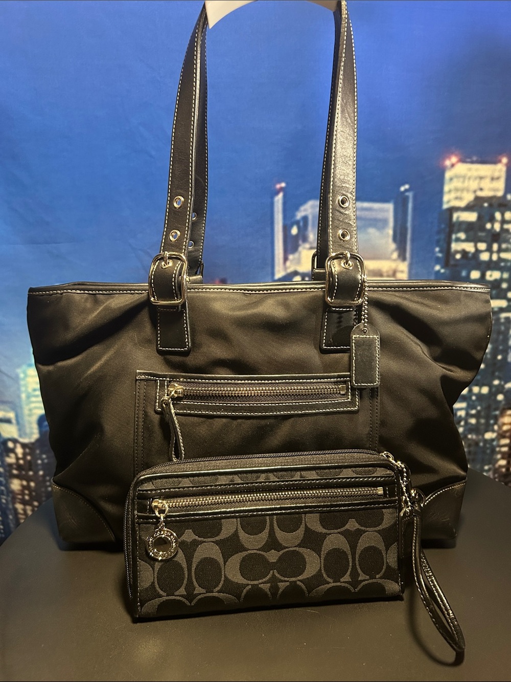 Coach Black Leather Tote with Matching Black Signature Wallet